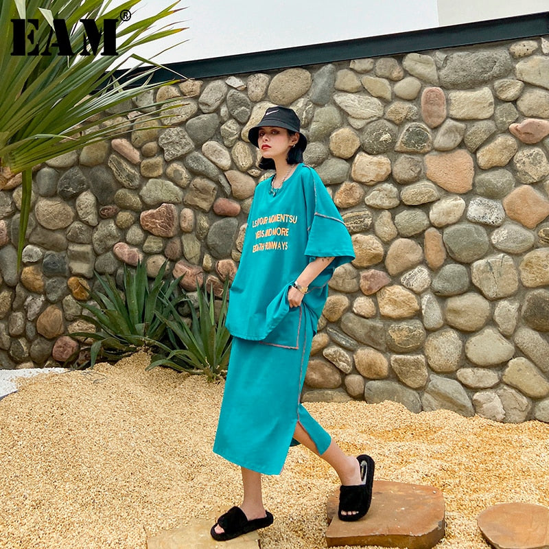 [EAM]  Half-body Skirt Printed Two Pieces Suit New Round Neck Half Sleeve Loose Women Fashion Tide Spring Autumn 2020 1U074