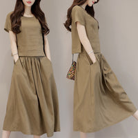 Load image into Gallery viewer, Womens Skirt Set Vintage short Sleeve Pullover High Waisted  Skirts Long Two Piece Set Women&#39;s Sets Cotton and Linen dress