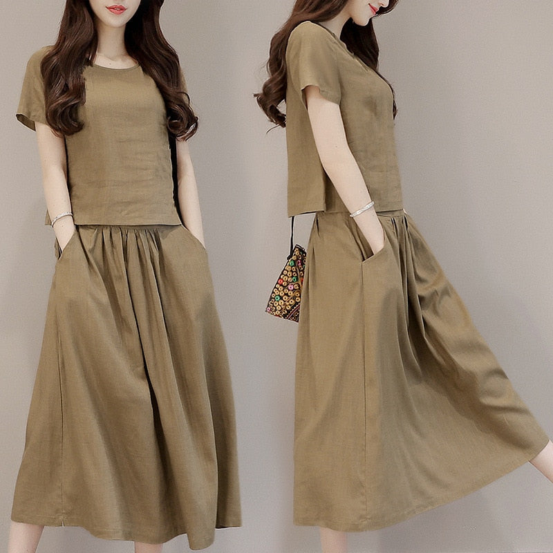 Womens Skirt Set Vintage short Sleeve Pullover High Waisted  Skirts Long Two Piece Set Women's Sets Cotton and Linen dress