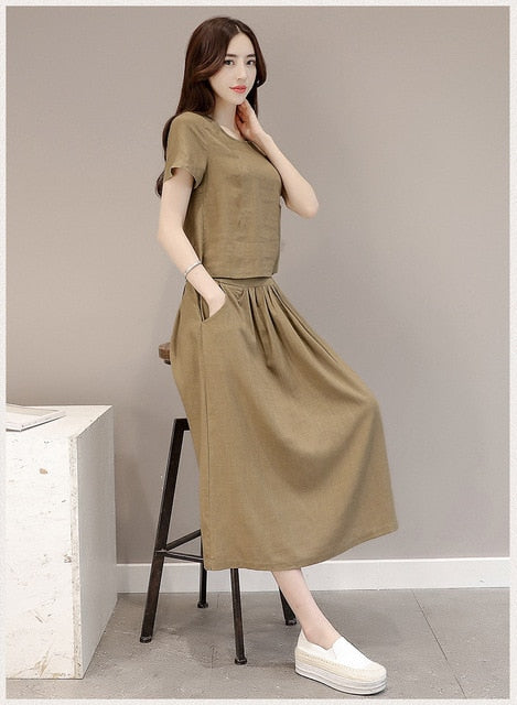 Womens Skirt Set Vintage short Sleeve Pullover High Waisted  Skirts Long Two Piece Set Women's Sets Cotton and Linen dress